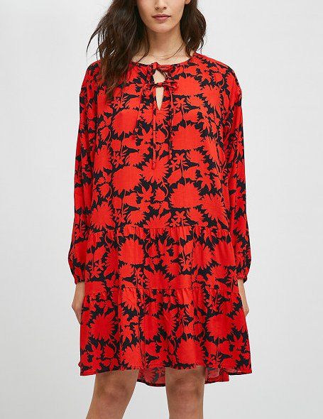SHORT EVASÉ DRESS WITH RED AND BLACK FLORAL PRINT RUFFLES